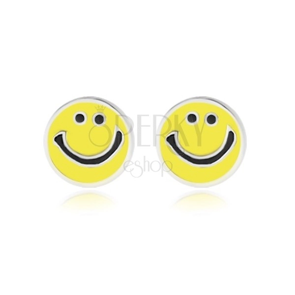 Strieborné náušnice 925 - usmievavý smajlík zdobený žltou glazúrou, puzetky