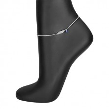Strieborný náramok na nohu 925 - patinované pierko, modrá guľôčka, oválne očká