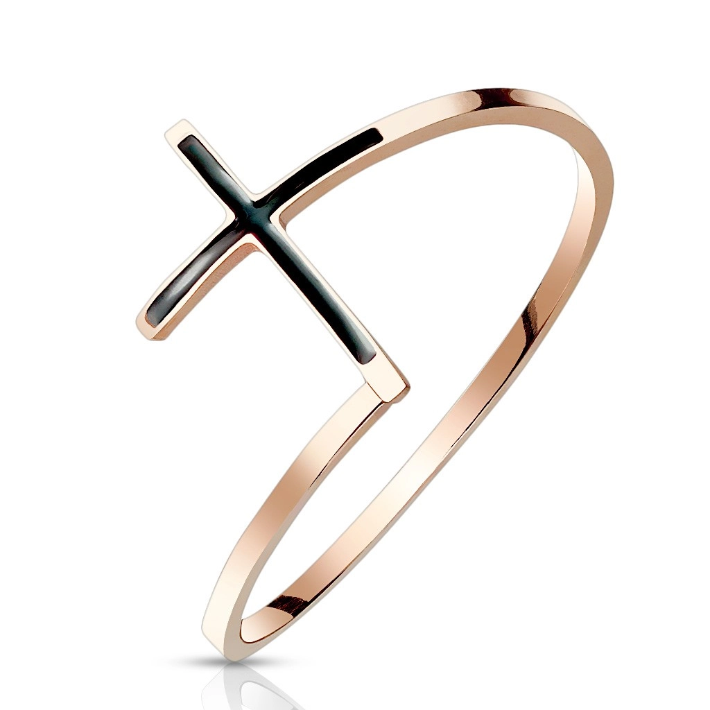 Oceľový prsteň 316L medenej farby - kríž s čiernou glazúrou, úzke ramená - Veľkosť: 52 mm