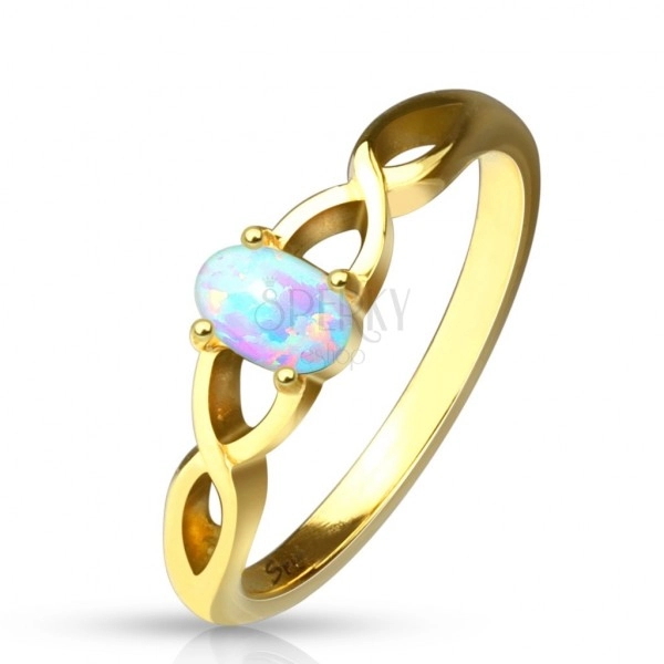 Oceľový prsteň zlatej farby - syntetický opál s dúhovými odleskami, prepletené ramená