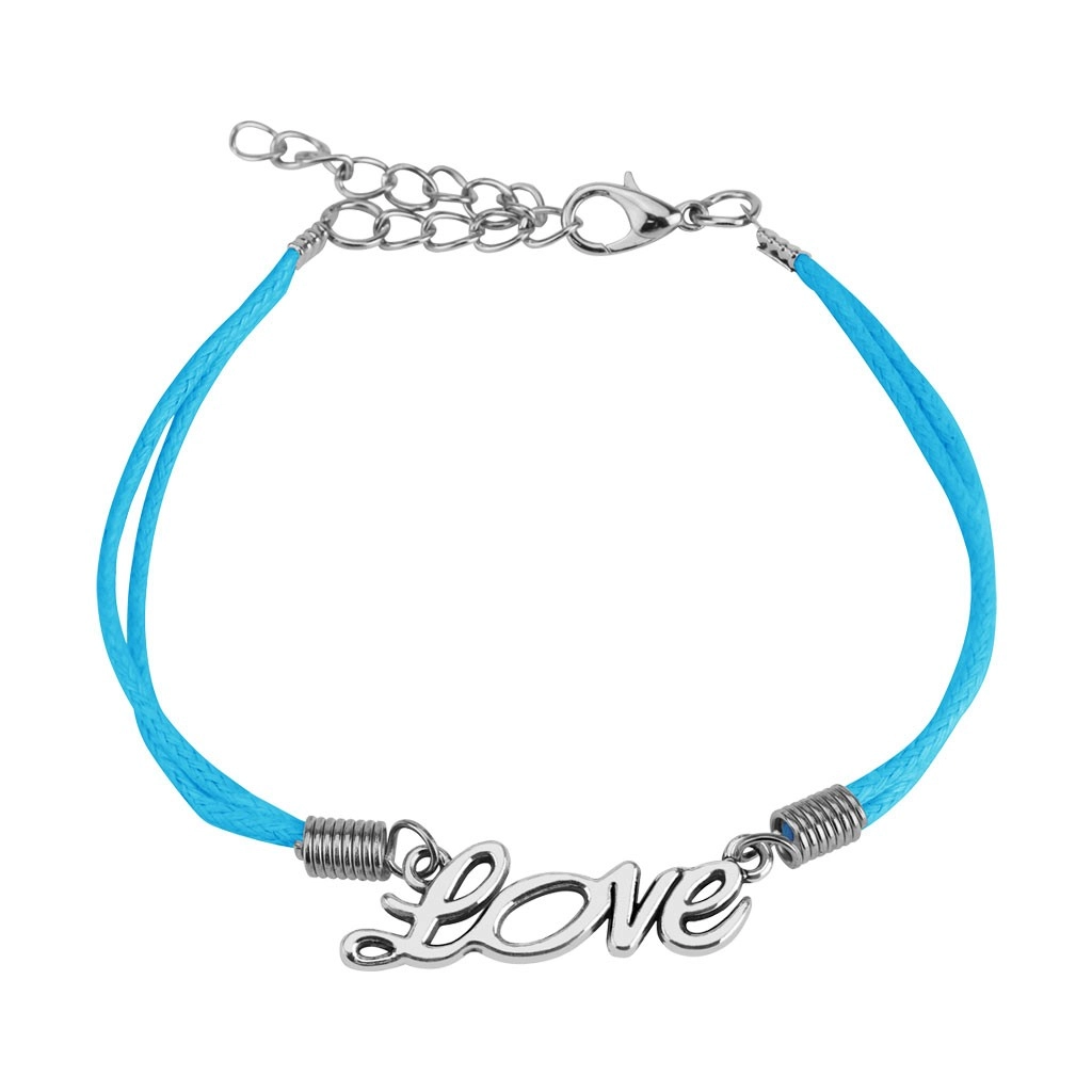 E-shop Šperky Eshop - Svetlomodrý šnúrkový náramok, ozdobný nápis "Love" striebornej farby R01.04