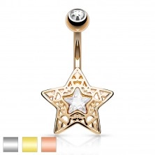 Oceľový piercing do bruška - vyrezávaná hviezdička s ligotavým zirkónom uprostred