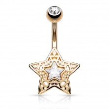 Oceľový piercing do bruška - vyrezávaná hviezdička s ligotavým zirkónom uprostred
