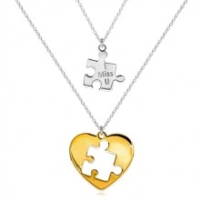 Dvojset zo striebra 925 - dva náhrdelníky, puzzle s nápisom, srdce s vyrezaným puzzle uprostred