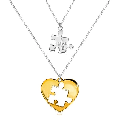 E-shop Šperky Eshop - Dvojset zo striebra 925 - dva náhrdelníky, puzzle s nápisom, srdce s vyrezaným puzzle uprostred R08.08
