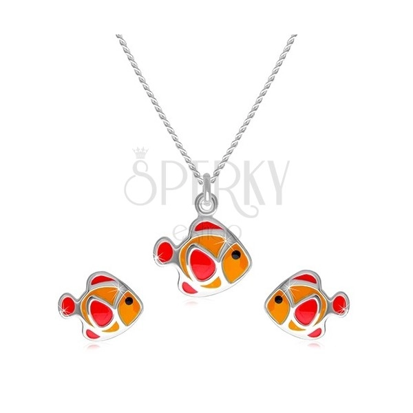 Dvojdielna sada zo striebra 925 - náhrdelník a náušnice, červeno-oranžová rybička