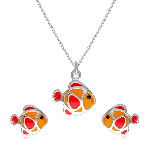 E-shop Šperky Eshop - Dvojdielna sada zo striebra 925 - náhrdelník a náušnice, červeno-oranžová rybička R24.02