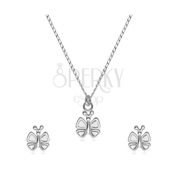 Strieborná 925 dvojdielna sada - náušnice a náhrdelník, motýlik s ozdobenými krídelkami