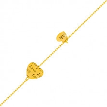 Zlatý náramok 585 - dve lesklé srdiečka s nápismi "Love" a "Me"