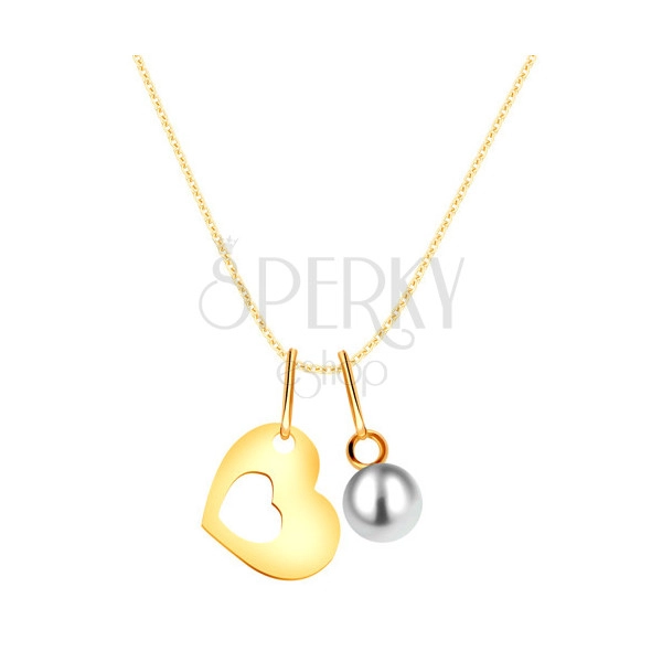 Zlatý náhrdelník 375 - silueta srdca s výrezom uprostred, okrúhla biela perla 