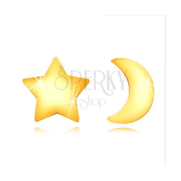 Náušnice v žltom 9K zlate - lesklý mesiačik a hviezdička, puzetky