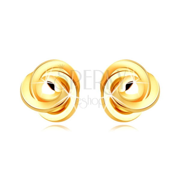 Zlaté 9K náušnice - tri prepletené prstence s hladkou guľôčkou, puzetky