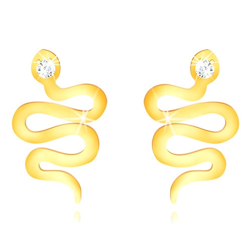Zlaté 375 puzetové náušnice - zvlnený lesklý hadík so zirkónovou hlavičkou