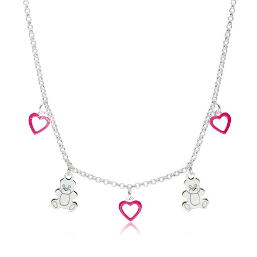 E-shop Šperky Eshop - Detský strieborný 925 náhrdelník - kontúry srdiečok s ružovou glazúrou a lesklé medvedíky Z23.20
