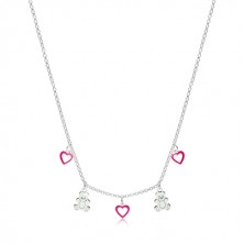 Detský strieborný 925 náhrdelník - kontúry srdiečok s ružovou glazúrou a lesklé medvedíky
