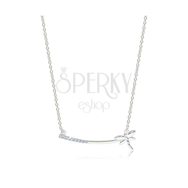 Strieborný 925 náhrdelník - lesklá vážka na úzkej paličke so zirkónikmi čírej farby