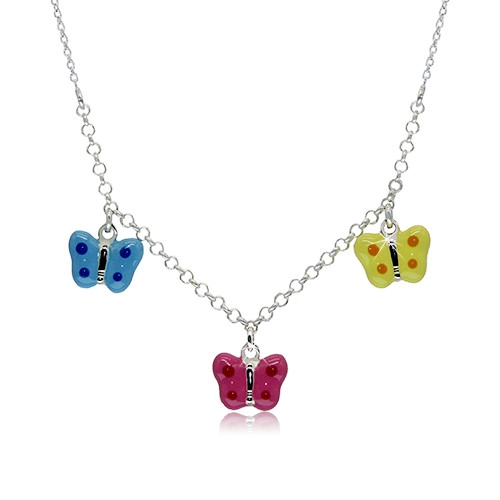 E-shop Šperky Eshop - Náhrdelník zo striebra 925 pre deti - bodkované motýliky s modrou, ružovou a žltou glazúrou Z27.06