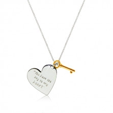 Strieborný náhrdelník 925 - srdce s nápisom "You have the key to my heart", kľúčik zlatej farby