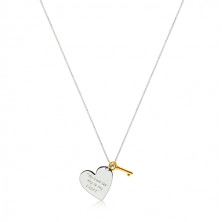 Strieborný náhrdelník 925 - srdce s nápisom "You have the key to my heart", kľúčik zlatej farby