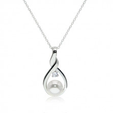 Strieborný 925 náhrdelník - kontúra zatočenej slzy s bielou perlou a čírym zirkónom uprostred