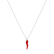 Strieborný 925 náhrdelník - chilli paprička s červenou glazúrou, lesklá hranatá retiazka