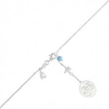 Lesklý náhrdelník zo striebra 925 - modrá gulička, hviezdica, mušľa a známka s nápisom