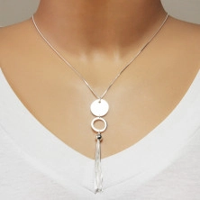 Lesklý strieborný náhrdelník 925 - plochý kruh a kontúra krúžku, gulička s visiacimi retiazkami
