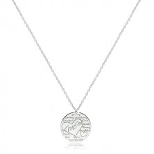 Ródiovaný strieborný náhrdelník 925 - lesklý krúžok s nápisom "Mom" v kontúre srdca