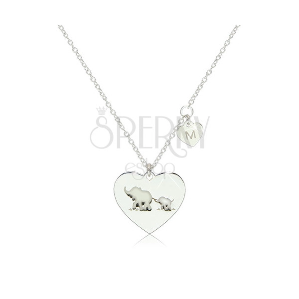 Strieborný 925 náhrdelník - dve lesklé symetrické srdiečka so sloníkmi a písmenom "M"