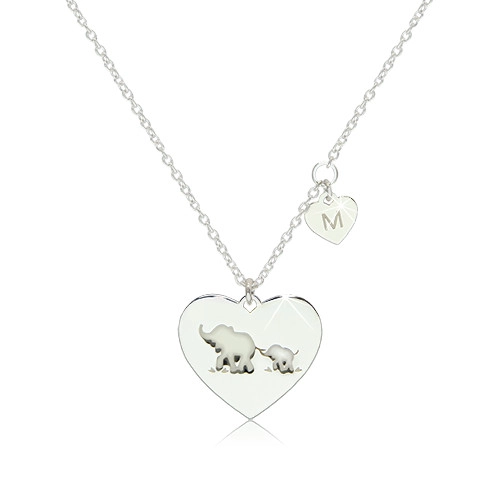 Strieborný 925 náhrdelník - dve lesklé symetrické srdiečka so sloníkmi a písmenom \