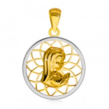 Ródiovaný zlatý 14K prívesok - kontúra kruhu s Pannou Máriou uprostred