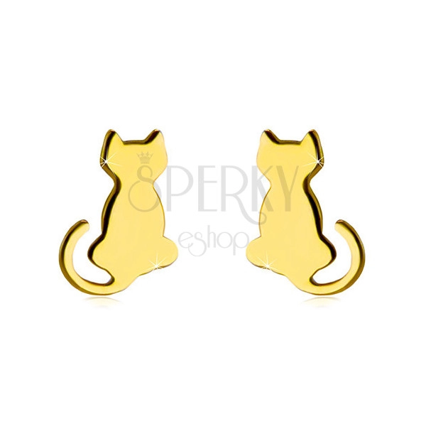 Puzetové zlaté 585 náušnice - obrys lesklej mačičky s dvihnutým chvostíkom
