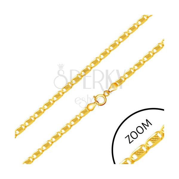 Retiazka v zlate 585 - oválne články zdobené obdĺžnikom s mriežkovaným vzorom, 550 mm