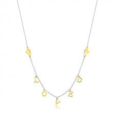 Strieborný 925 náhrdelník - lesklé srdiečka a nápis "LOVED" v zlatom odtieni