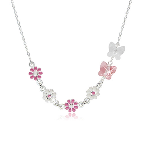 E-shop Šperky Eshop - Detský náhrdelník zo striebra 925 - kvietky s ružovou a bielou glazúrou, motýliky zo syntetických kryštálov G19.05