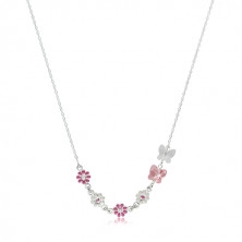 Detský náhrdelník zo striebra 925 - kvietky s ružovou a bielou glazúrou, motýliky zo syntetických kryštálov