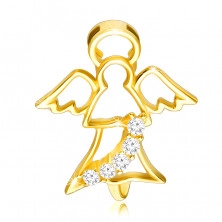 Lesklý zlatý 585 prívesok - kontúra anjela s vyrezávanými krídelkami a zirkónovým pásom