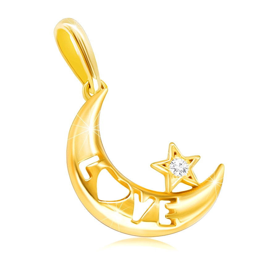 E-shop Šperky Eshop - Prívesok zo žltého zlata 585 - mesiac s nápisom "LOVE" a čírou zirkónovou hviezdičkou S2GG224.28