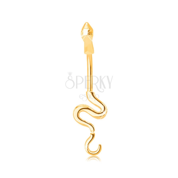 Zlatý piercing 375 do bruška - lesklý hadík so zvlneným chvostom