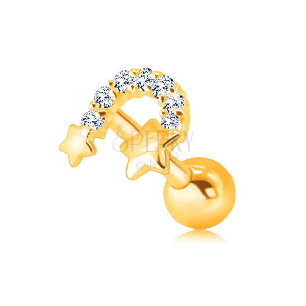 Zlatý 375 piercing do ucha - dve hviezdičky spojené zirkónovým oblúkom
