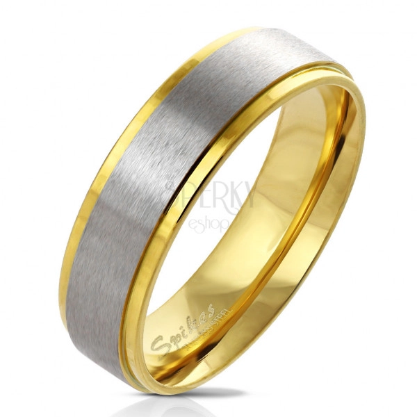 Prsteň z ocele v zlatom odtieni - pás uprostred s matným povrchom, 6 mm