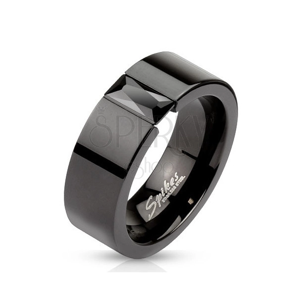 Prsteň z ocele v čiernej farbe - ligotavý čierny zirkón, 8 mm