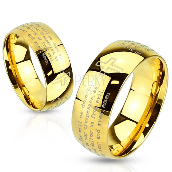 Prsteň z ocele zlatej farby - modlitba Otčenáš a krížik, 8 mm