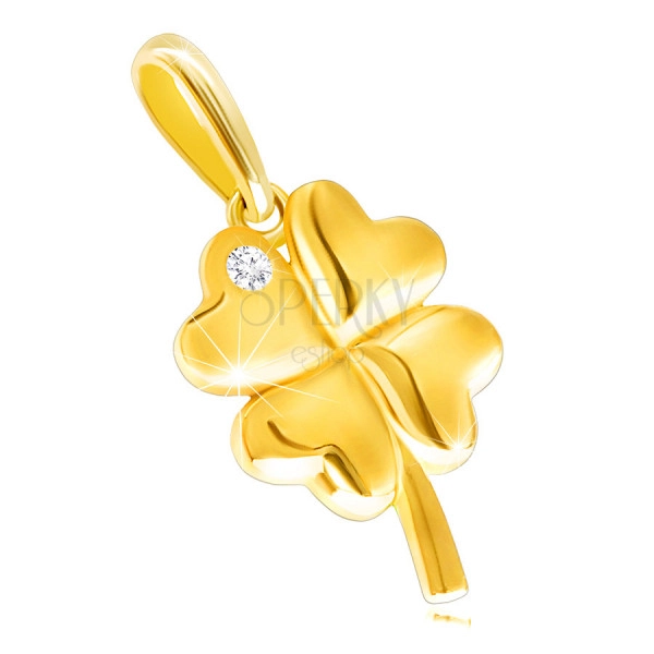Zlatý 375 prívesok - lesklý štvorlístok s okrúhlym čírym zirkónikom