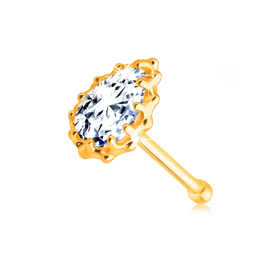Zlatý piercing 375 - číra zirkónová slzička ohraničená vrúbkovaným lemom