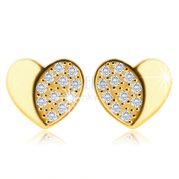 Zlaté 14K náušnice - symetrické srdce s lesklou a zirkónovou polovicou