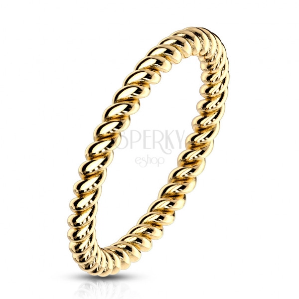 Oceľový prsteň v zlatej farbe - zatočená kontúra v tvare lana, 2 mm