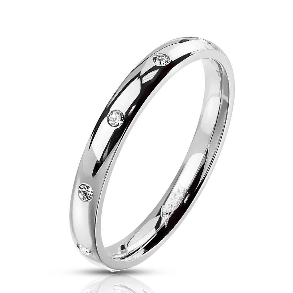 Oceľový prsteň striebornej farby - okrúhle číre zirkóniky, 3 mm - Veľkosť: 62 mm