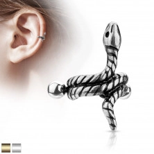 Oceľový piercing do ucha - stočený had s pásikmi na tele