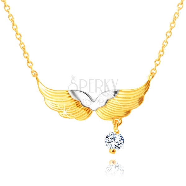 Zlatý kombinovaný náhrdelník 585 - anjelské krídla, okrúhly zirkónik čírej farby